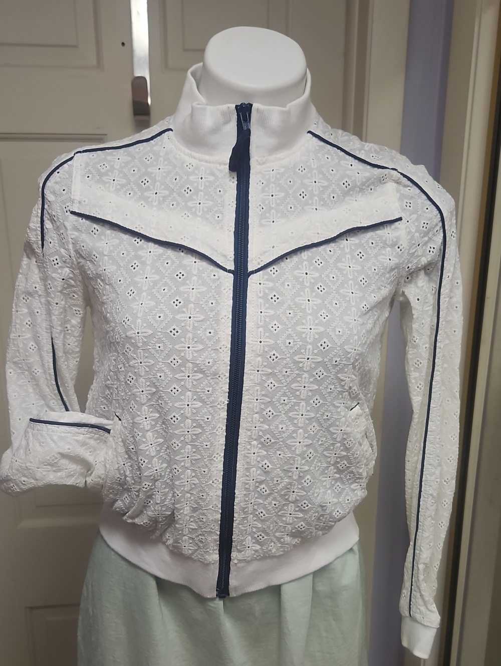 Free People Cotton Eyelet Bomber Jacket with Navy Piping